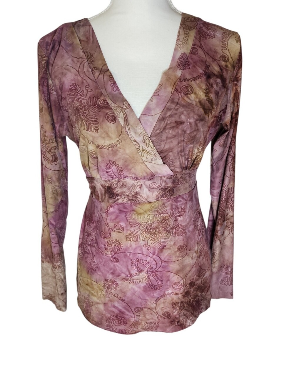 Y2k Boho Tie Dye Wrap Blouse Long Sleeve Paisley Botanical Print Top Size Medium